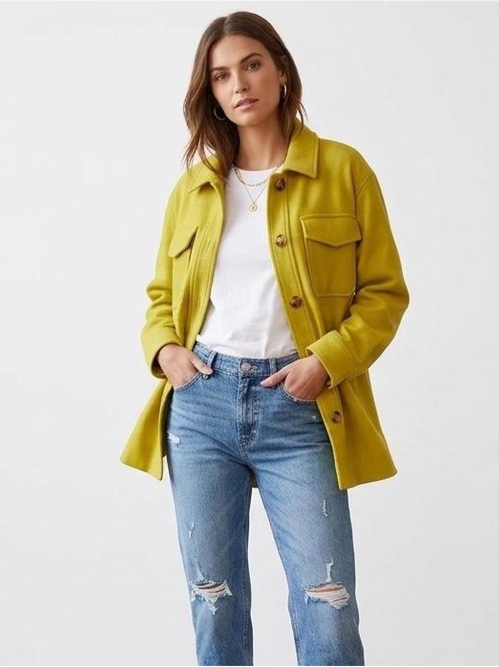 Chartreuse Button-Front Shacket Jacket